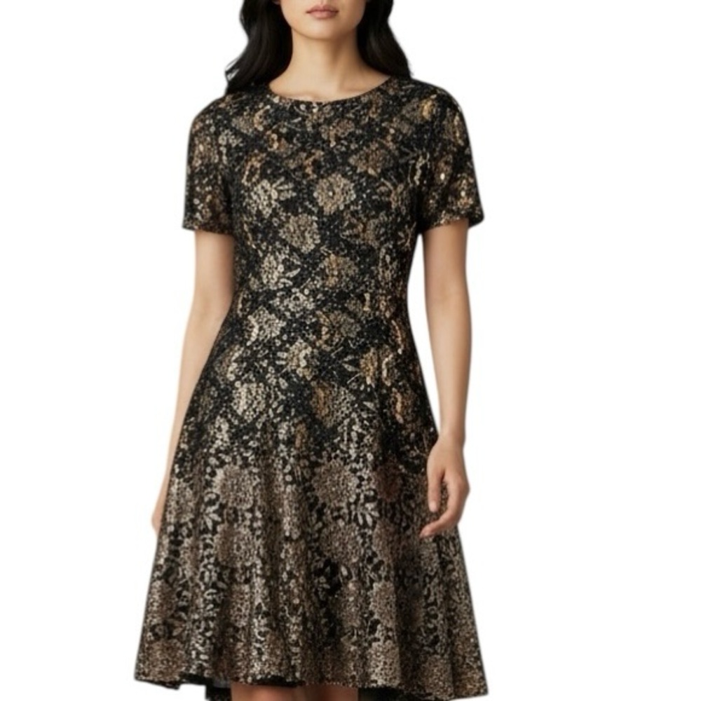 Vintage H W Collection (80's - 90's) Black Gold Sequin Floral Lace Dress Sz 16
